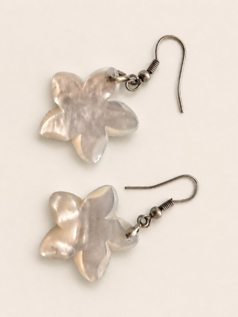 Pearlescent White Flower Dangle Earrings Silver Tone Hooks